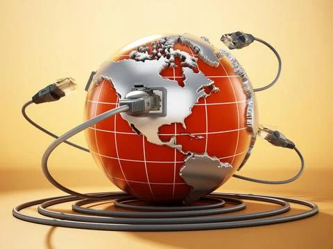 Rj45 plug connected to blue globe with world map. 3D illustration Rj45 plu... Stock Photos