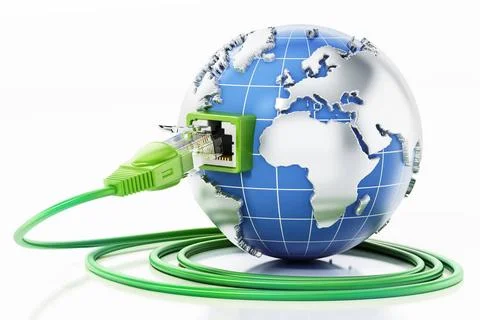 Rj45 plug connected to blue globe with world map. 3D illustration Rj45 plu... Stock Photos