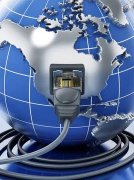 Rj45 plug connected to blue globe with world map. 3D illustration Rj45 plu... Stock Photos