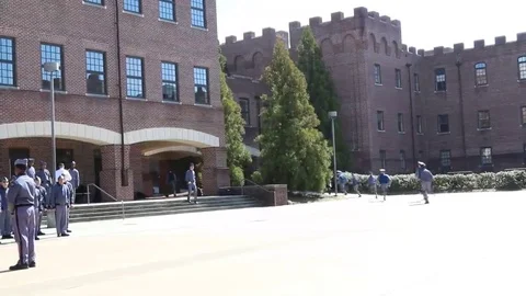 RMA Cadets Running to Class on Campus Stock Footage 69228272