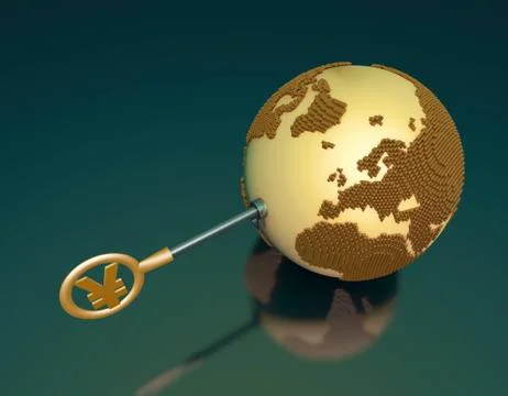RMB symbol key opens the earth, global economic development Illustrazione stock