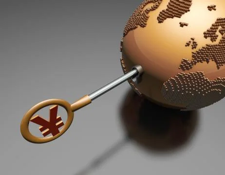 RMB symbol key opens the earth, global economic development Illustrazione stock