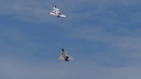 RNAS YEOVIL, United Kingdom - 8th July 2017. Dassault Rafale Pair in flight Stock Footage