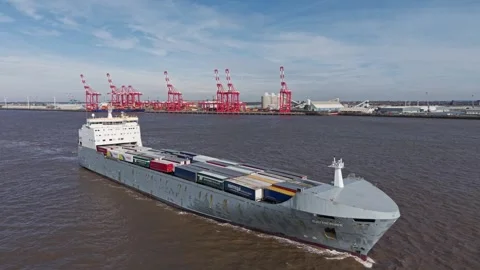 Ro Ro cargo ship sails up the River Mersey to Liverpool, England Stock-Footage 305104308