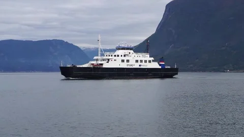 Ro-ro ferry "Stord" bound for Mannheller from Fodnes, Sognefjord, Norway Video stock 286748767