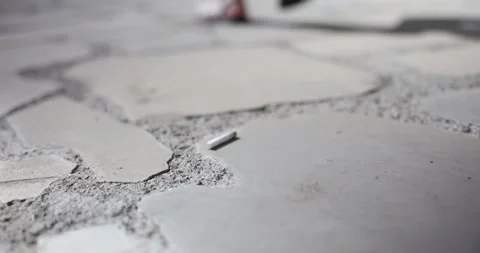 Roach drops onto gray stone pavement bouncing near female feet 스톡 동영상 312158061