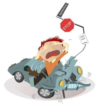 Road accident and sobbing man in the crashed car illustration Stock Illustration