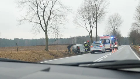 Road accident from driver perspective, pov, police, ambulance, fire truck Stock Footage 88095503