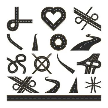 Road and Intersection Elements Set Silhouette, Street Vector Bundle Stock Illustration