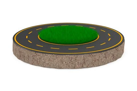 Road and round soil ground with green grass on white background. Isolated 3D  Illustrazione stock
