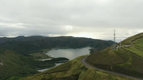Road and Telecom Masts on Ridge Above Lagoa do Fogo 動画素材 347125041