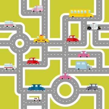 Road and transport seamless pattern. Cartoon map of cars and traffic. Bus and Stock Illustration