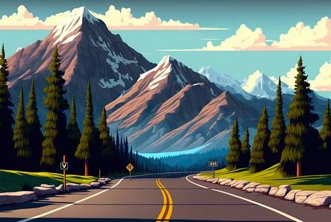 Road and a view of the Rocky Mountains. Generative AI Stock Illustration