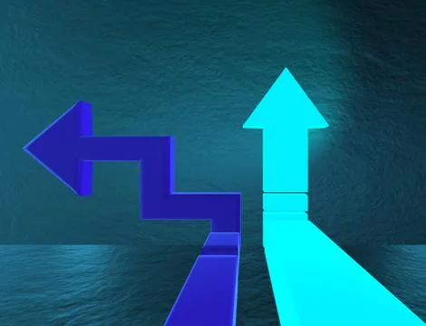 Road arrows at crossroads in difficult choice concept - 3d rende Stock Illustration