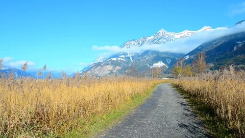 The road bends around the field. Stock Footage 82460256