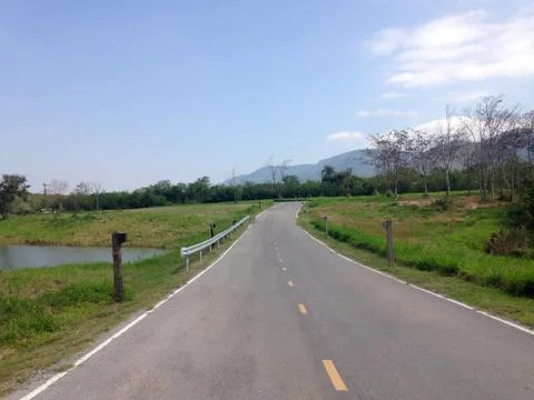 Road between green meadow roadside Stock Photos
