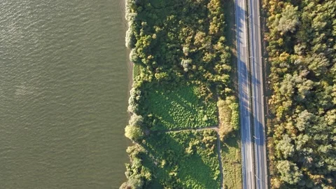 Road Between The River And The Forest. Aerial 4k Shooting Stock Footage 168968038