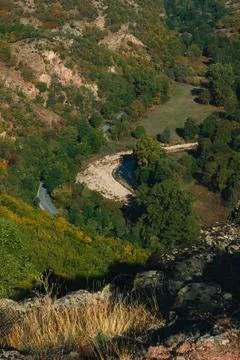 A road between the trees and river next to the road . Stock Photos