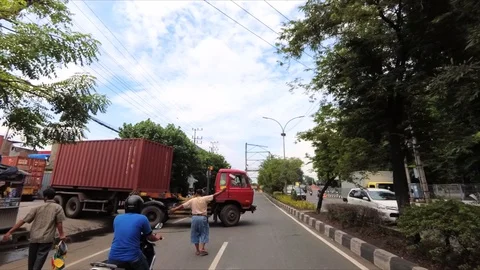 Road Blocking Because of Trailers Truck Parking at Busy Road Stock Footage 129364066