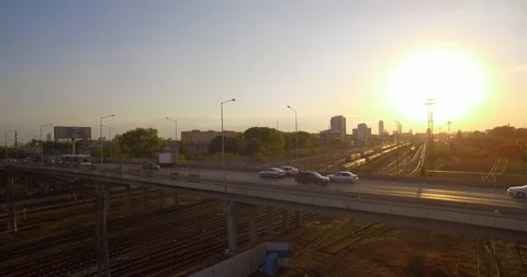 Road bridge. Evening traffic at sunset. Stock Footage 90713246