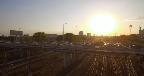 Road bridge. Evening traffic at sunset. Video stock 90713331