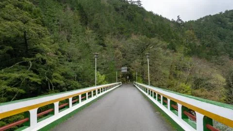 The road bridge with forest mountain at Wuling farm in taichung city, Taiwan. Stock Photos