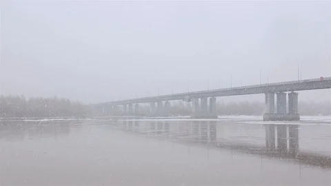 Road bridge on the Ob River during the Ice drift. Stock Footage 106182937