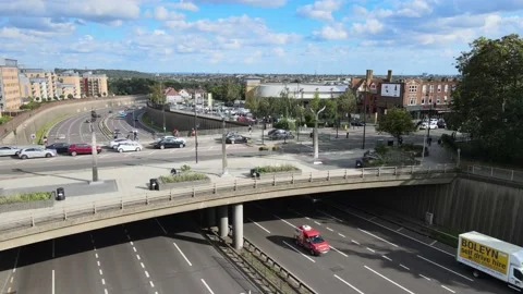 Road bridge over multilane highway in city Video stock 164843461