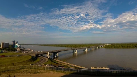 Road bridge over the Ob river Stock Footage 91536979