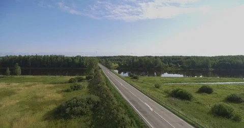 Road bridge over river. Aerial landscape Видео 80628510