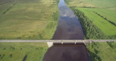 Road bridge over river. Aerial landscape Stock Footage