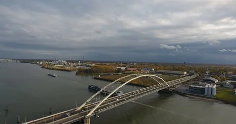 Road bridge over river and boat, Aerial view  Stock Footage 101269246