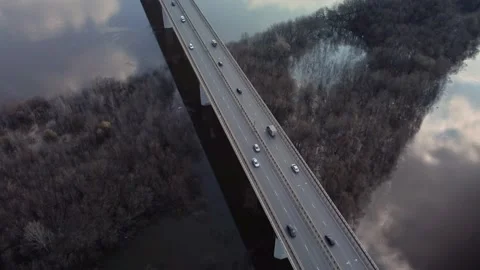 A road bridge over the river, taken from a quadrocopter. Stock Footage 239849445
