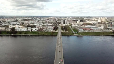Road bridge over the river with a view of the city center Stock Footage 163879800