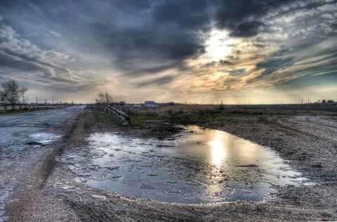 Road bridge puddle reflection 写真素材
