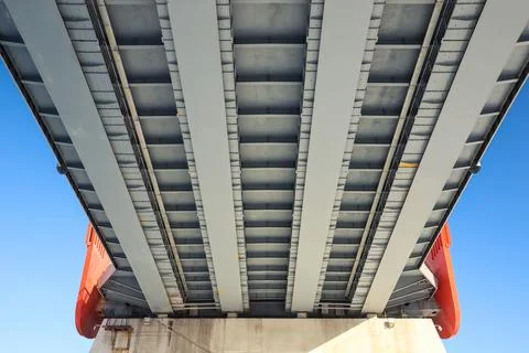 Road bridge span close-up - bottom view. Engineering and architecture Stock Photos