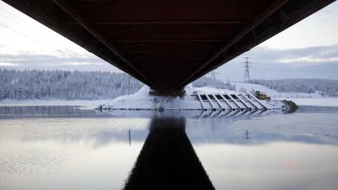 Road bridge. view from below. winter landscape Stock Photos