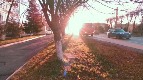 Road with a bright sun at the end of the path, at the golden hour Stock Footage 219984641