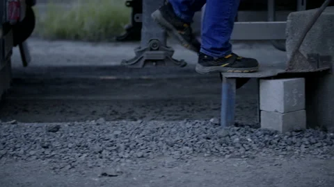 Road Builder Man Walking Upstairs Outdoors On A Ladder Stock Footage 142003003