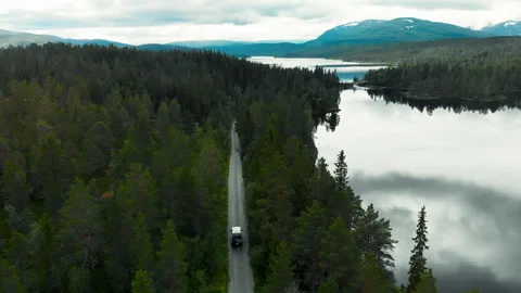 Off road camper van drive on forest gravel road Stock Footage 254705098