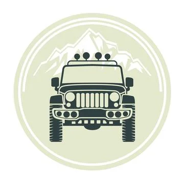 Off Road car front view, SUV and mountain for labels, emblems, badges or logo Stock Illustration