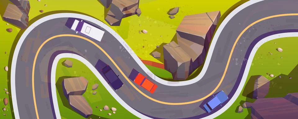 Road with cars top view, winding highway in rocks Stock Illustration