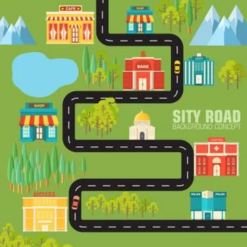 Road to the city on flat style background concept. Vector illust Stock Illustration