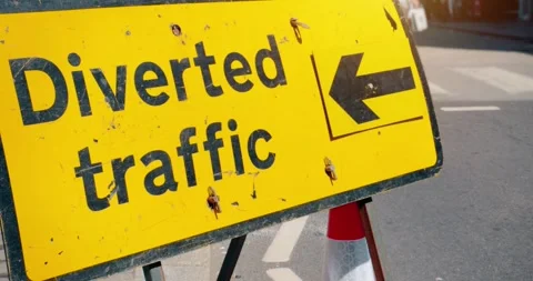 Road closed - Diverted traffic highway road sign in the event of a roadblock Stock Footage 342676379