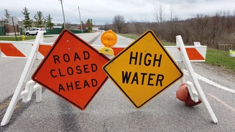 Road closed high water temporary signs Stock Footage 126944136