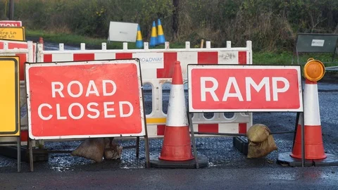 Road closed resident access only on country road at building works uk Stock Footage 125242322