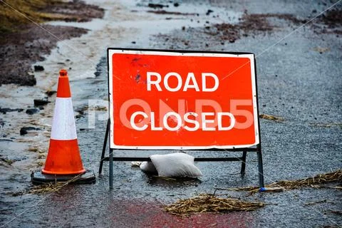 Road closed sign on a flooded road in South Lanarkshire Scotland