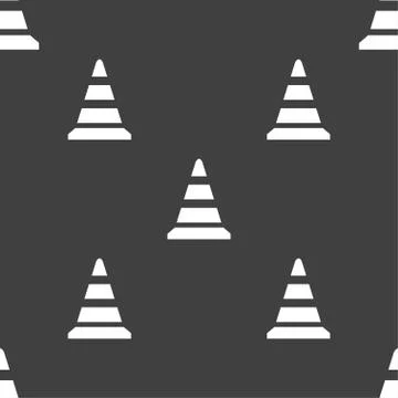 Road cone icon. Seamless pattern on a gray background. Vector Stock Illustration