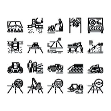 Road construction and maintenance process line icons Stock Illustration