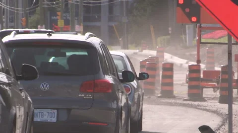 Road construction and traffic jam Stock Footage